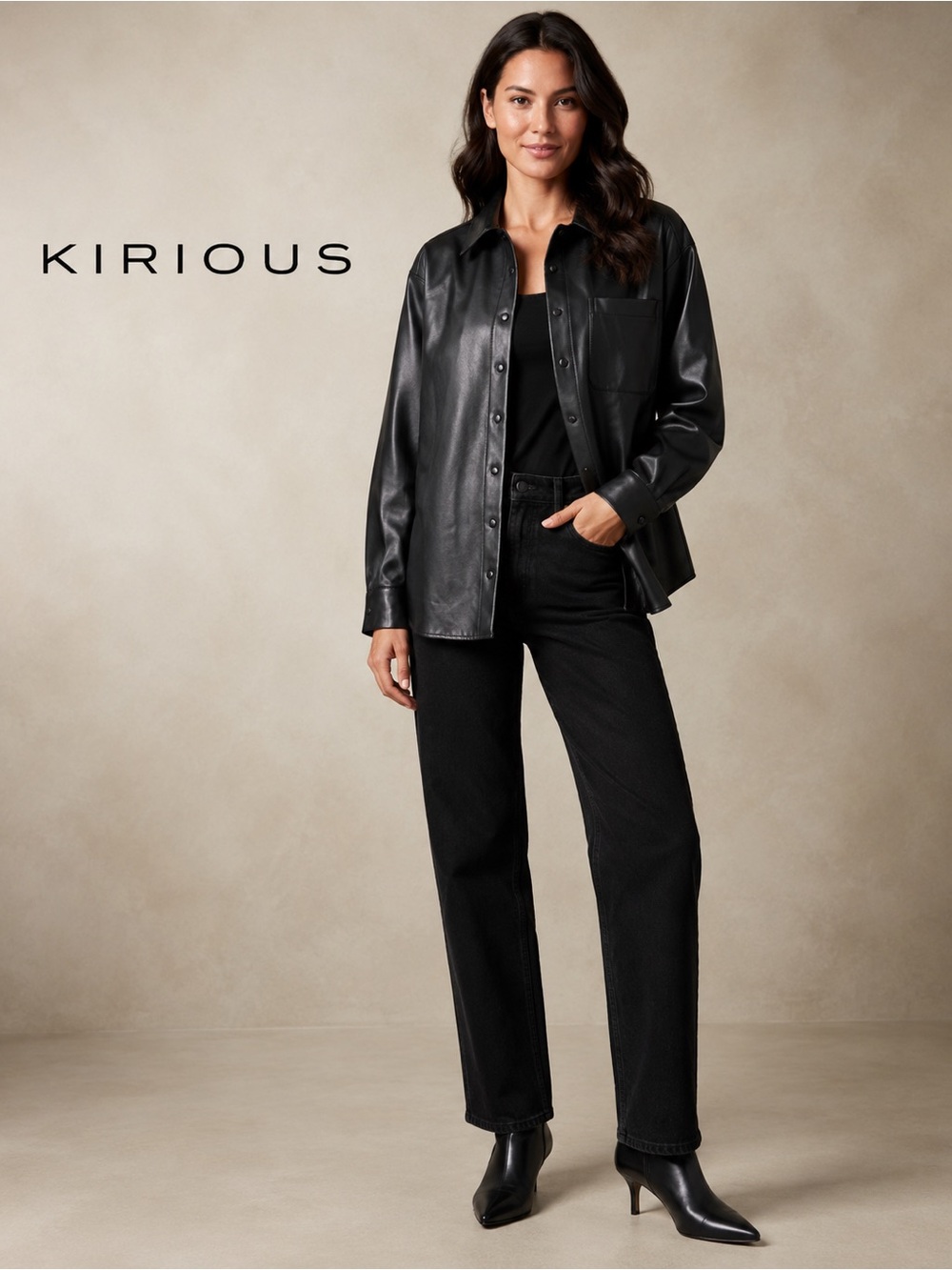 Kirious Faux Leather Button Down Oversized Shirt Black Size L